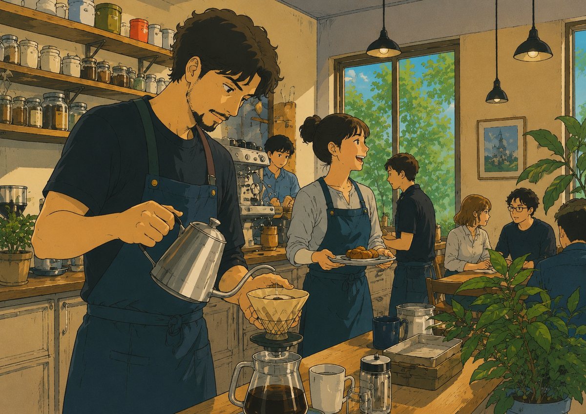 カウンターでコーヒーを淹れるスタッフと、料理を運ぶスタッフのイラスト