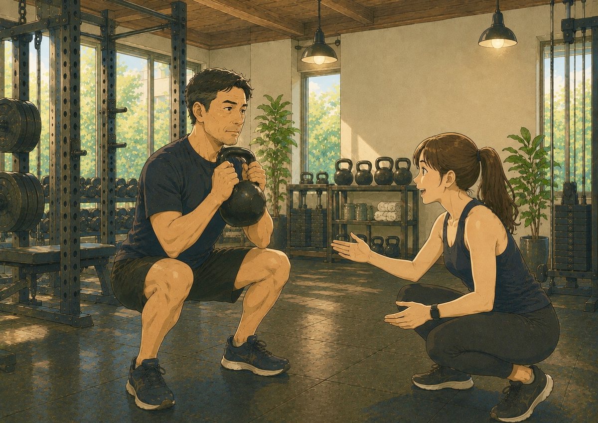 トレーナーが、ケトルベルでスクワットをするお客様のそばで動きを見ているイラスト