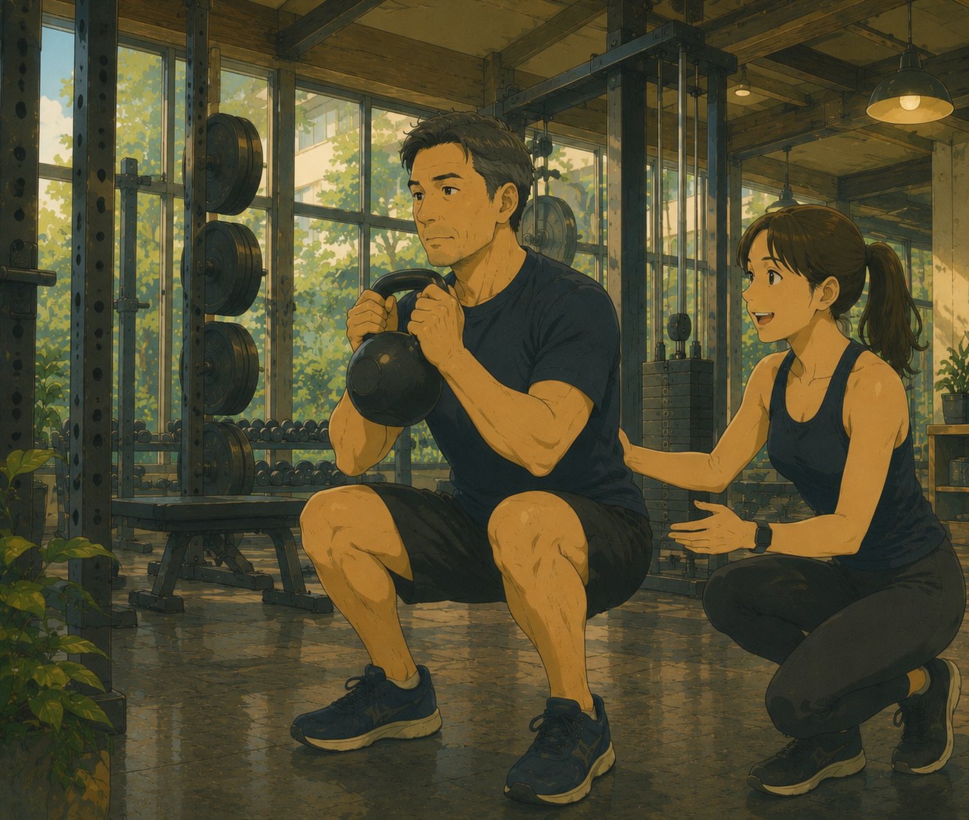 トレーナーが、ケトルベルでスクワットをするお客様の動きを見ているイラスト