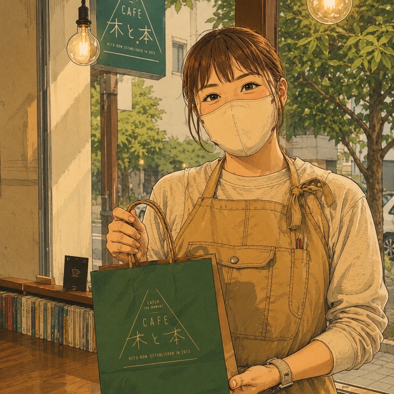 カフェ事業部のスタッフ、あいなの似顔絵。エプロン姿で店の紙袋を持っている
