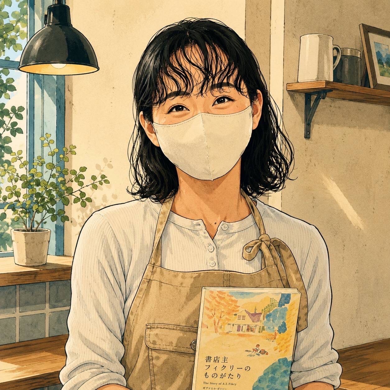 カフェ事業部のスタッフ、えりかの似顔絵。エプロン姿で本を持っている