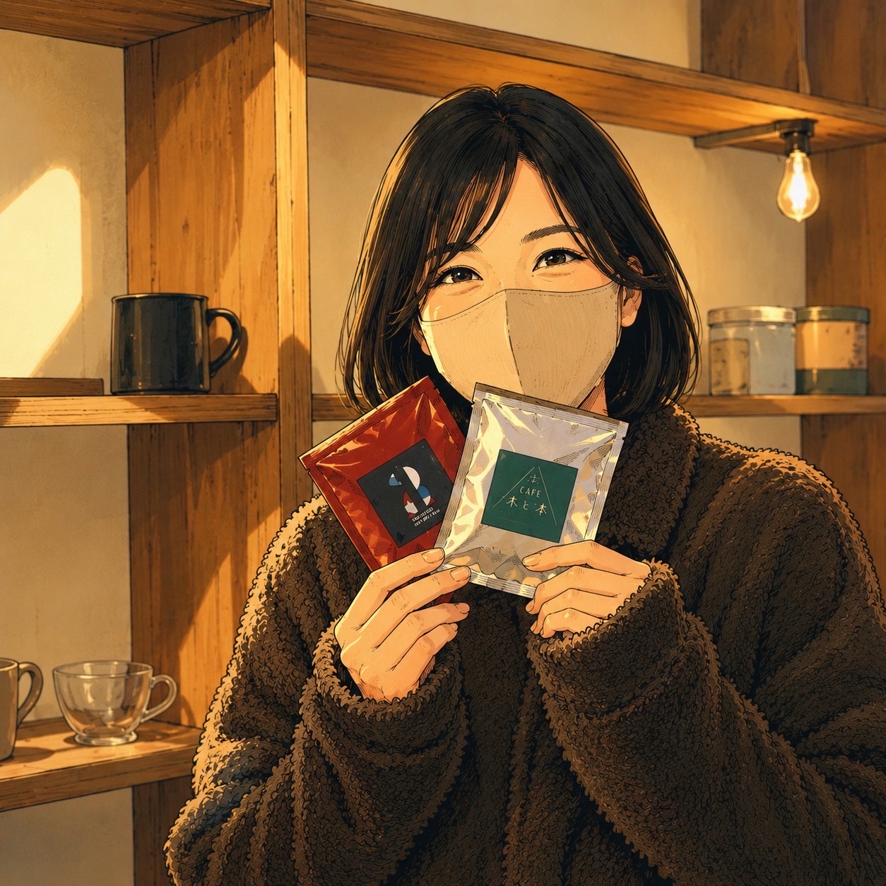 カフェ事業部のスタッフ、さやかの似顔絵。店のドリップバッグを持っている