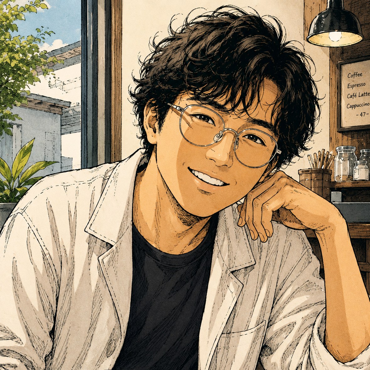 カフェ事業部のスタッフ、よしきの似顔絵。眼鏡をかけてコーヒーを前に笑っている